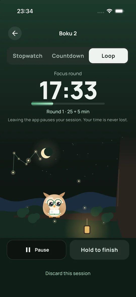 A focus round: the timer above a night scene where the owl reads by a lantern and lit stars join into a constellation.