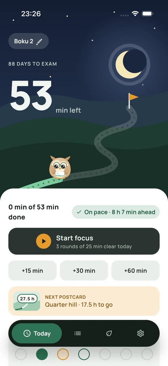 Hourling Today screen at night: 53 minutes left today, an on-pace badge, and the owl on a path to the exam-day flag.